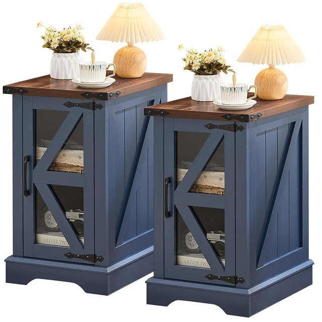 Joaxswe Farmhouse 14'' Side End Table Set of 2, Narrow Night Stand with Glass Barn Door, Storage Bedside Tables, Nightstand Cabinet Organizer for Small Spaces Living Room Bedroom
