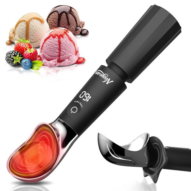 NISSYO.AM Heated Ice Cream Scoop Rechargeable, Electric Ice Cream Scooper with Removable Battery &Drip-Proof Stand, OneTouch 3 Fast Heating Levels, IP68 Waterproof, Food-Grade Metal for Hard Ice Cream