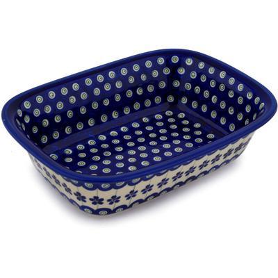 Polish Pottery 10" Rectangular Baker Flowering Peacock