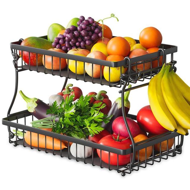 Foensc 2 Tier Fruit Basket with 4 Banana Hangers, Improved Fruit Bowl for Kitchen Counter, Detachable Large Capacity Countertop Organizer Fruit Holder Stand for Vegetable Bread Snack Produce Storage