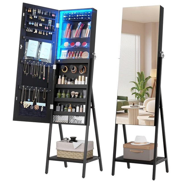 LVSOMT 3 LEDs Mirror Jewelry Cabinet, 60.4 Jewelry Mirror Full Length, Standing Lockable Jewelry Armoire Organizer, Floor Mirror with Storage for Jewelry Cosmetics, Black