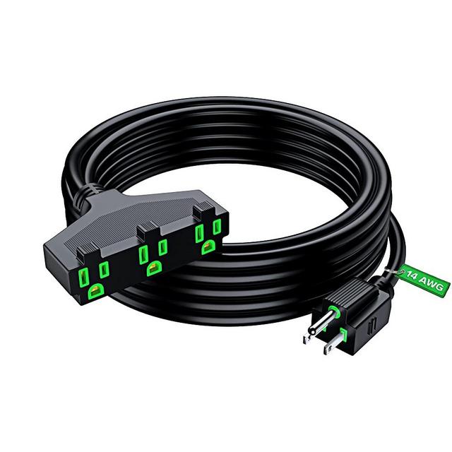 Extension Cord with 3 Outlets l 25 Feet l Black 14 Gauge, SJTW, Heavy Duty Outdoor Extension Cord with Multiple outlets