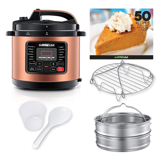 GoWISE USA 12-in-1 Electric Pressure Cooker + 50 Recipes for your Pressure Cooker Book with Measuring Cup, Stainless Steel Rack and Basket, Spoon (Copper)