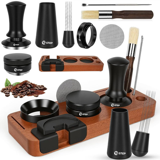 Y-Step 8 Pcs Espresso Accessories Kit, 51mm Espresso Tamper Kit Espresso Tools Barista Kit & Espresso Tamping Station, with 51mm Coffee Tamper, Distributor, WDT Tool, Dosing Funnel, Puck Screen, Brush