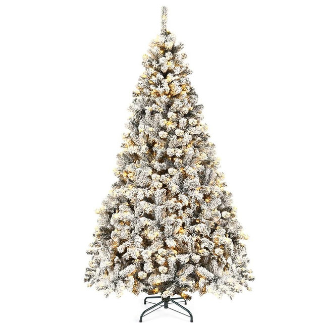 Goplus 7.5ft Pre-Lit Artificial Christmas Tree, Premium PVC Snow Flocked Hinged Pine Tree with Metal Stand and LED Lights, Perfect Xmas Decoration for Indoor and Outdoor