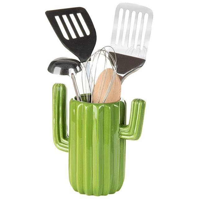 MyGift Green Ceramic Cactus-Shaped Utensil Crock