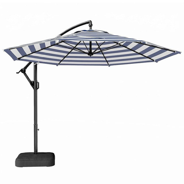 HOMSHADE 10ft Cantilever Patio Umbrella with Base Included, 30 MPH Wind-Resistant Offset Outdoor Hanging Umbrella with 45 Degree Infinite Tilt and Smooth Crank, 260gsm Solution-Dyed 8-Year Fade-Resistant Canopy for Backyard Pool Deck(Navy Blue Stripes)