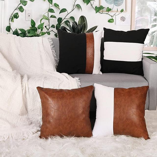 Adabana Throw Pillow Covers 18 x 18 Inch Set of 4, Modern Minimalist Decorative Faux Leather Pillow Cases Cushion for Car Couch Sofa