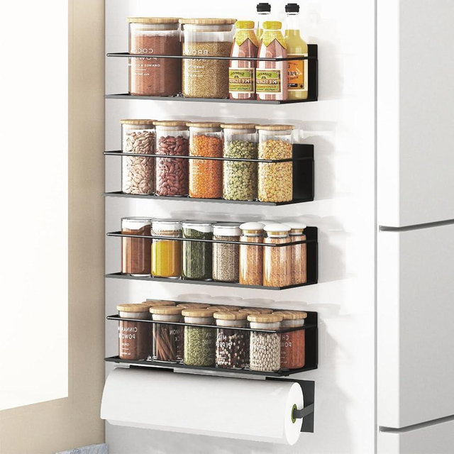Roysili Magnetic Spice Rack For Refrigerator, Space Saving Magnetic Shelf For Fridge Matt Black 4 Pack With Magnetic Paper Towel Holder