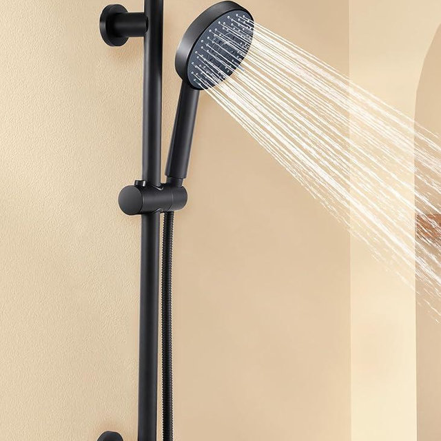 KES Adjustable Shower Head Holder with Slide Bar Combo, Handheld Shower Head with Hose 5-Function Handheld Shower Kit with Handheld Set Matte Black, F204-BK-C1