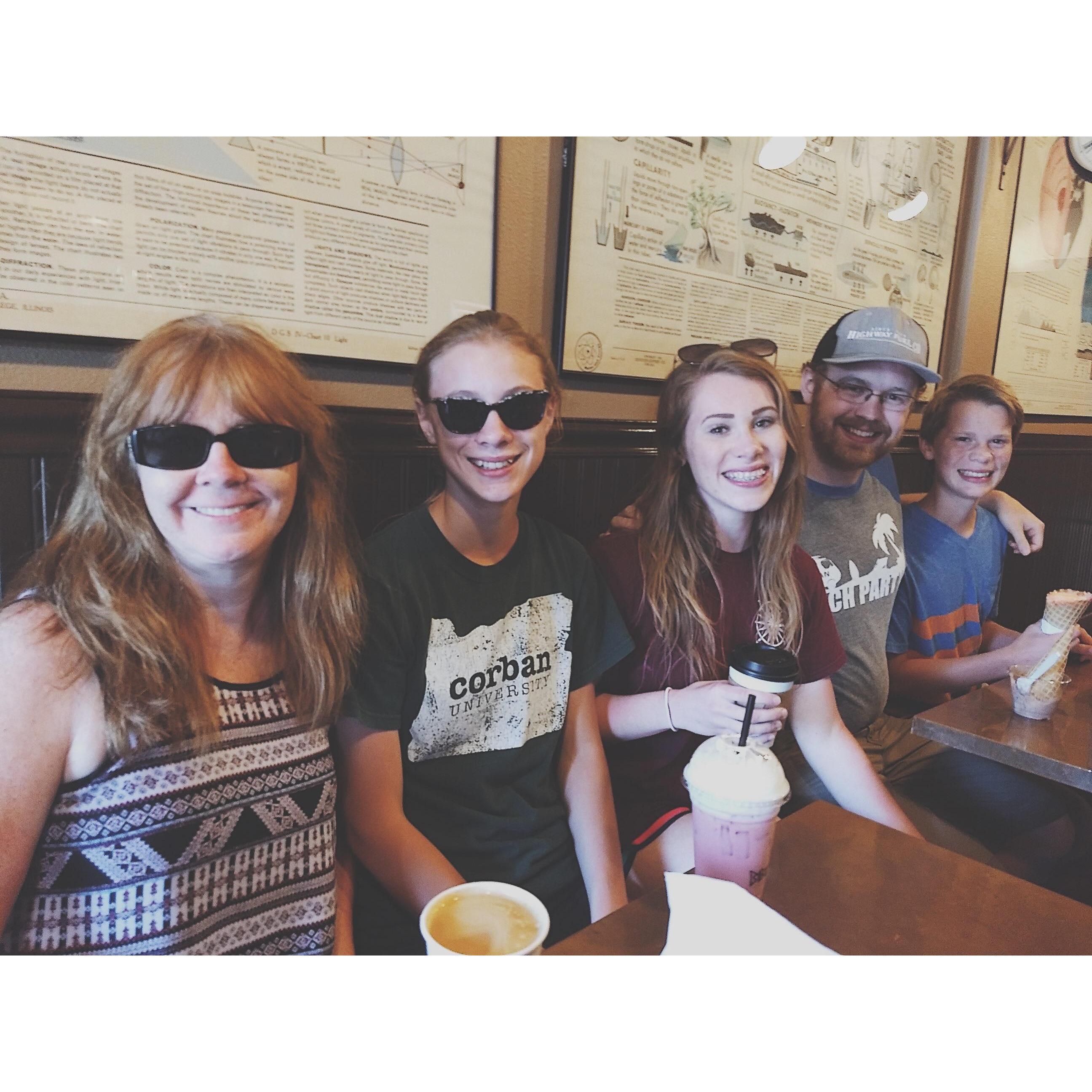 with Carly's family at a coffee shop in Manzanita, OR