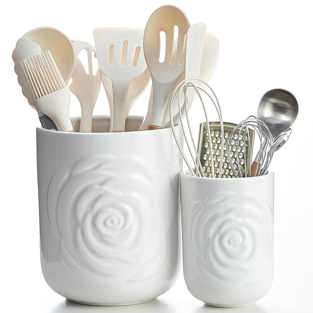 EtooCafe Large Utensil Holder Set of 2, 7.5"+ 5.5" - Ceramic Kitchen Countertop Utensil Crock for Spatulas, Spoons & Cooking Tools, Farmhouse Kitchen Counter Decor, White Rose