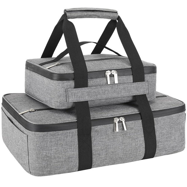Insulated Casserole Carrier for Hot or Cold Food, Fits 8"-15" Baking Dish，Thermal Food Carrier Bag, Lasagna Lugger Tote for Potluck Parties/Picnic/Cookouts/Lunch, Grey，2 Pack