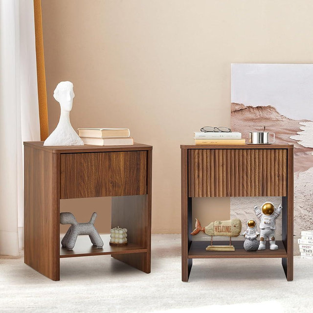 affeivul Mid Century Modern Night Stand Set 2 with Drawer, Farmhouse Nightstand for Bedroom, Small End Table with Storage, Living Room/Bed Side Table for Small Spaces, Fluted Cabinet Wood Nightstand