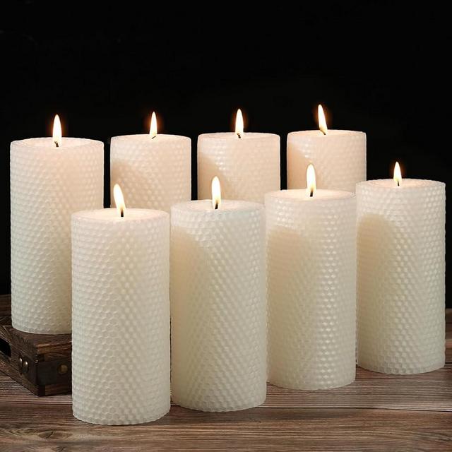 8 Packs Beeswax Candles - 360 Hours Long Burning, Handmade Pillar Beeswax Candles Handcrafted Honeycomb Bees Wax Candle for Home, Prayer, Unscented Pillar Candle (2.8x6 in)