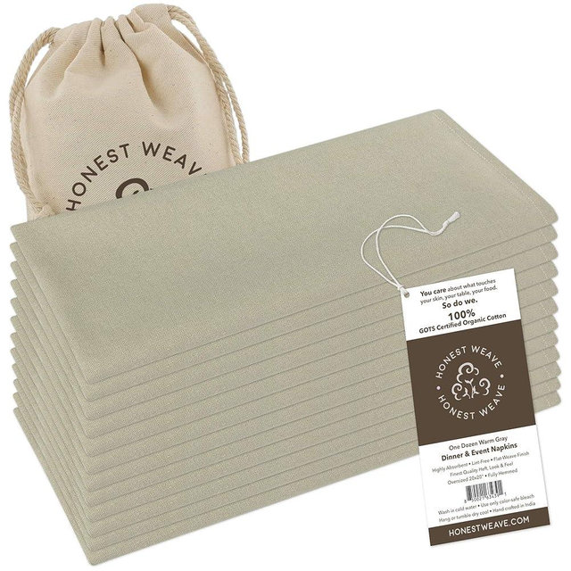 HONEST WEAVE GOTS Certified Organic Cotton Washable Cloth Napkins Sets for Everyday Dining, Dinner Parties, Weddings | Oversized 20x20 inches, Fully Hemmed, Designer Colors, 12-Pack, Warm Gray/Taupe