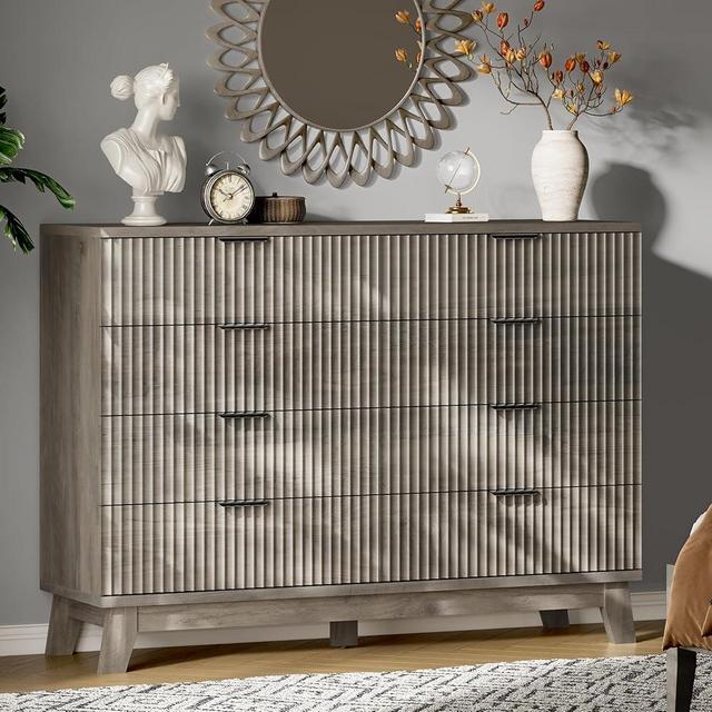 Xixini Fluted Dresser with 8 Drawers, 54" Wide Wood Chest of Drawers with Metal Handle, Wooden Dresser TV Stand, Modern Closet Clothes Storage Organizer for Bedroom, Living Room, Hallway, Light Grey