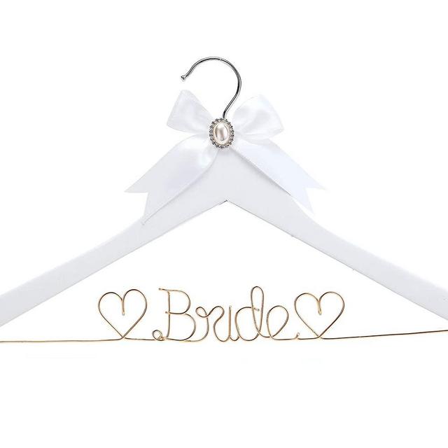 HUIDIAN White Solid Wood Bridal Dress Hanger with Bridal Wire Lettering for Bridal Wedding Party Gift (White Hanger with Rose Gold Thread)