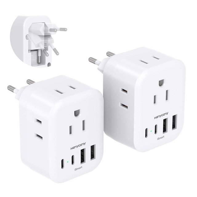 2 Pack European Travel Plug Adapter, International Power Adapter with 4 Outlets 4 USB C Ports (2 USB C), Foldable Type C Adapter for US to Most of Europe EU Italy Spain Greece Portugal France Germany