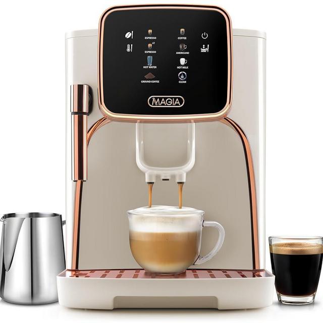 Zulay Kitchen Magia Clasica - Fully Automatic Espresso Machine With Grinder - Touch Screen Coffee Maker With One-Touch Operation - Milk Foam System For Latte, Cappuccino, Macchiato - White Copper