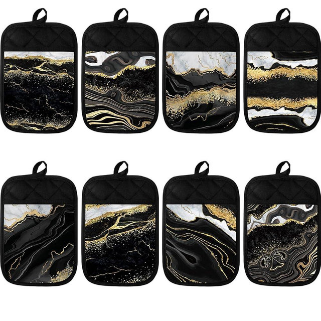 Bencailor 8 Pcs Sunflower Pot Holders with Pocket Buffalo Plaid Potholder Farmhouse Cow Print Hot Pads Black Gold Marble Pot Holders for Kitchen Decorations Baking Cooking Gifts(Marble)