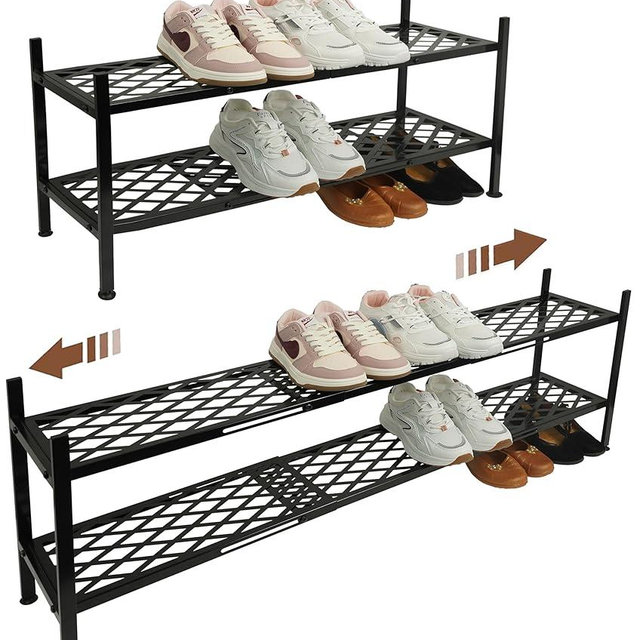 Shoe Rack, Expandable Shoes Organizer Metal Shelf Stand, 2 Tier Stackable Long Shoe Storage Holder For Closet, Floor, Entryway, Garage, Bedroom, Door Entrance For 12-18 Pairs, 45.6 inches Black