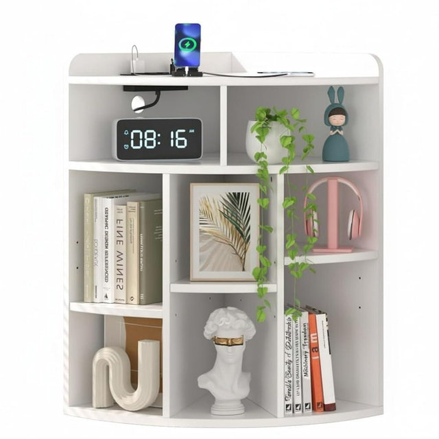 VECELO Corner Cube Shelf with USB Ports & Outlets, Modern Corner Toy Storage Rack with Adjustable Shlef, Wooden Display Bookshelf Bookcase for Living Room, Bedroom, Dining Room, Kitchen, White