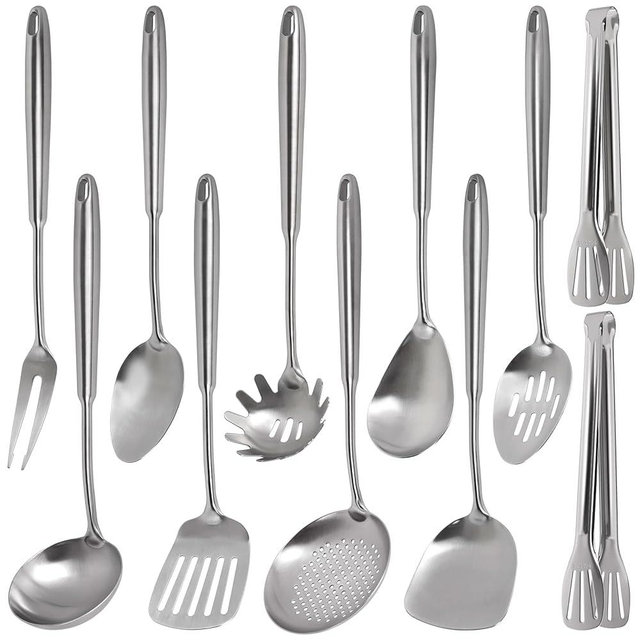 304 Stainless Steel Kitchen Utensils Set - 11 PCS All Metal Cooking Tools & 15″ Serving Utensils Set, Meat Fork, Tongs, Turner, Pasta, Serving Spoon, Skimmer, Ladle, Spatula Spoon Set