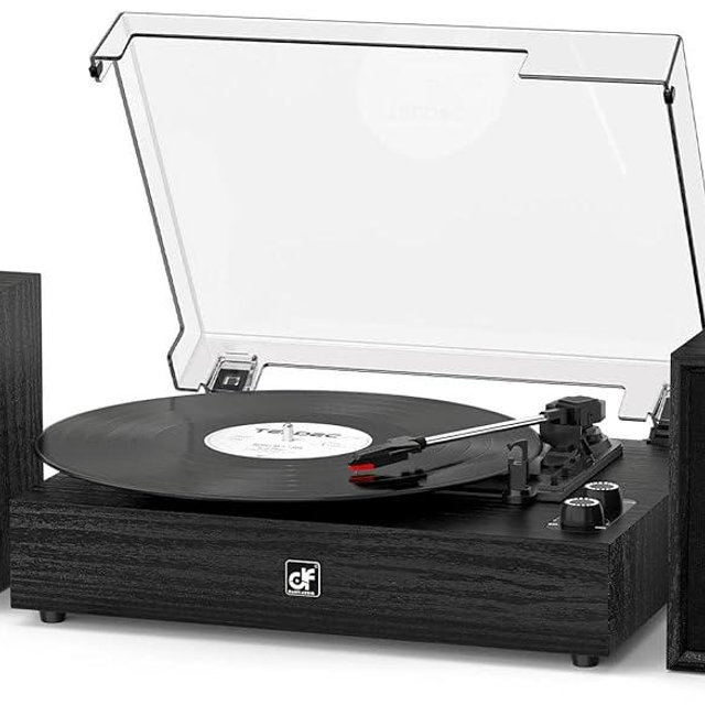 Bluetooth Record Player with External Speakers Belt-Drive Turntable for Vinyl Records Dual Stereo Speakers LP Players Support 3 Speed 3 Size, AUX RCA Output, Auto Stop, Black