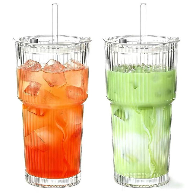 MINGHYZYA 20 oz Glass Tumblers, Iced Coffee Cups with Lids and Glass Straws, Thickened Wall Glass Cups, Ideal for Smoothies, Cocktails, and Juices – Vintage and Durable Drinkware –2 Pack