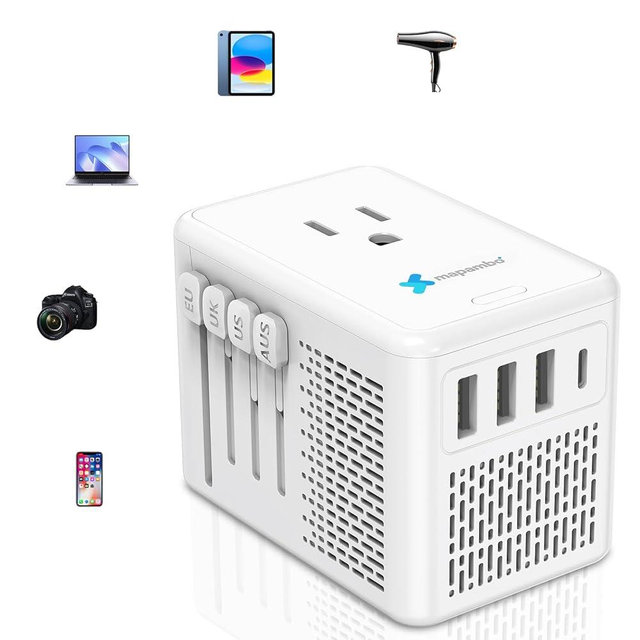 Upgraded Voltage Converter US to Europe for Hair Dryers 220V to 110V Converter with Fast Charging - Compact Travel Design with 3 USB-A + 1 USB-C Universal Travel Adapter for France Germany (White)