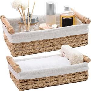 (Set of 2, Beige) Round Paper Rope Storage Basket, Wicker Baskets for Organizing with Handle, Decorative Bins for Countertop, Toilet Paper Basket for Toilet Tank Top, Small Baskets Set