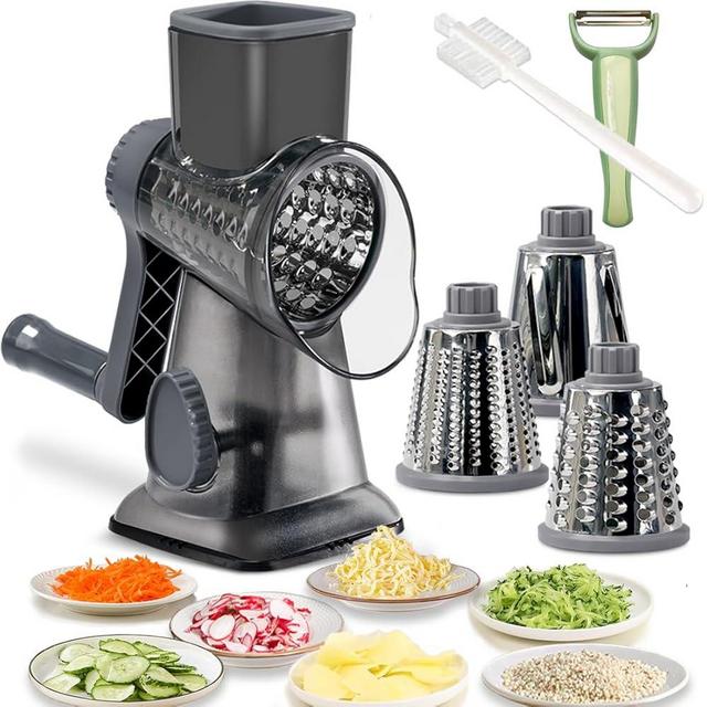Rotary Cheese Grater Shredder with Handle Handheld Round Mandoline Vegetable Slicer Carrot Shredder Nut Grinder with 3 Replaceable Stainless Steel Drum Blades and Upgrade Strong Suction, Dark Grey