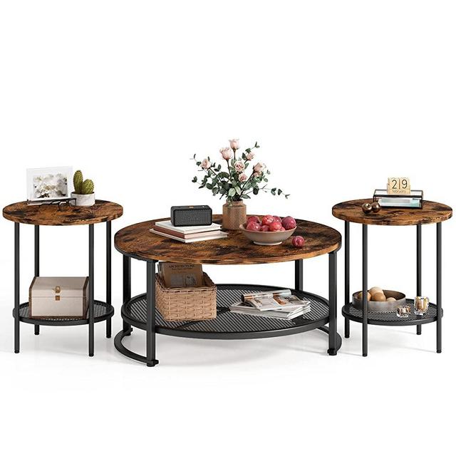 LINSY HOME Round Coffee Table and End Table Set for Living Room, Industrial Coffee Table with Open Storage, Rustic Wood Surface Top & Sturdy Metal Legs Large Circle Coffee Table, Brown and Black