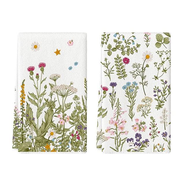 Artoid Mode Wildflower Spring Floral Kitchen Towels Dish Towels, 18x26 Inch Summer Leaves Holiday Decoration Hand Towels Set of 2