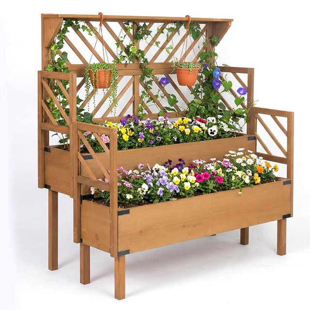 Raised Garden Bed Outdoor with Lattice Trellis, 47.2''H Wood Outdoor Flower Plant Stand with Two Planting Areas, Metal Reinforced, Liner, Elevated Garden Beds for Climbing Plants, Herb, Brown