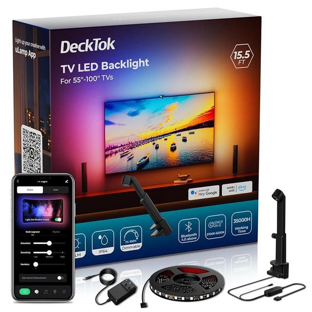 DeckTok TV LED Backlight 15.5ft - TV Lights That Change with Screen for 55-100'' RGB LED Strip Lights Cuttable with Smart App Control Game & Music Sync Color Changing Light for Home Decor