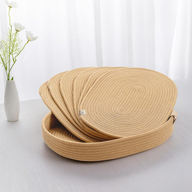 ART pinecone Cotton Rope Woven Placemats 16 * 12 inches Oval Hot Pads Hot Mats Set of 6, and 1 Storage Basket for Holiday Table Decor (16 * 12, Beige)