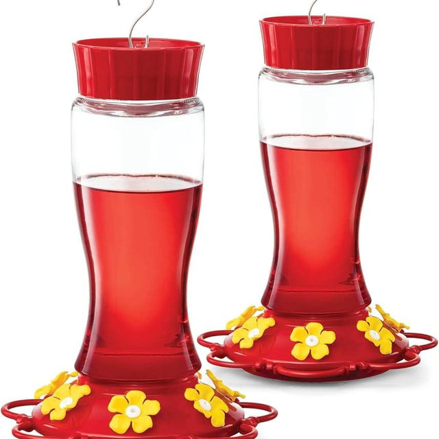 Hummingbird Feeder 20 oz [Set of 2] Glass Hummingbird Feeders for Outdoors, with Built-in Ant Guard - Circular Perch with 5 Feeding Ports - Wide Mouth for Easy Filling/2 Part Base for Easy Cleaning