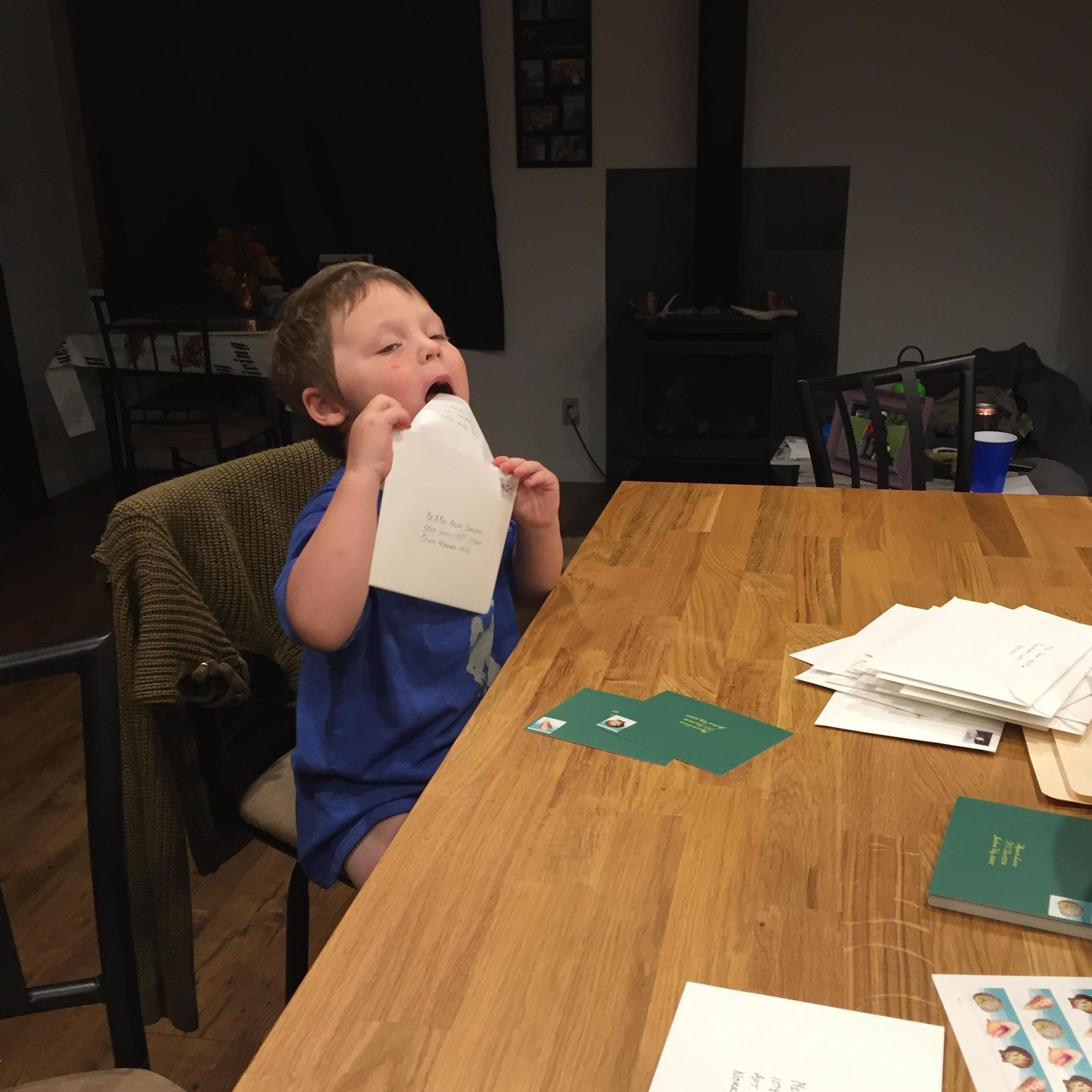 Licking envelopes. Maureen Feuz this is yours
