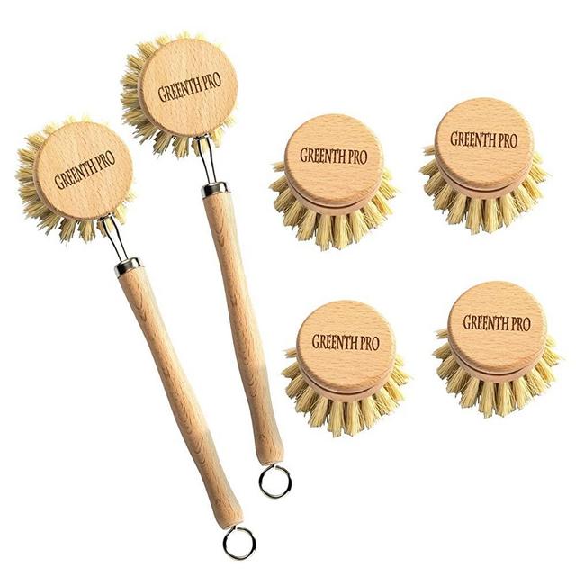 Greenth Pro Dish Brush - 6 Pcs Eco Friendly Pot Dish Set with Beech Wood and Tampico Fiber,Durable Scrubber for Kitchen Cleaning