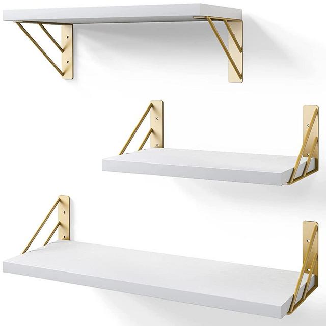 BAYKA Wall Shelves for Bedroom Decor, Floating Wall Shelves for Living Room Kitchen Storage, Wall Mounted Rustic Wood Floating Shelves for Kids Books, Small Shelf for Bathroom(White and Gold，Set of 3)