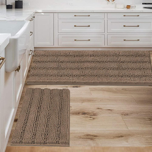 2 Piece Bathroom Set Bathroom Rugs Bath Mats Sets Super Absorbent Chenille Striped Bath Mats Non Skid Machine Wash Dry Rugs for Bathroom Floor(Taupe Brown, 47 x 17 Plus 17 x 24 - Inches)