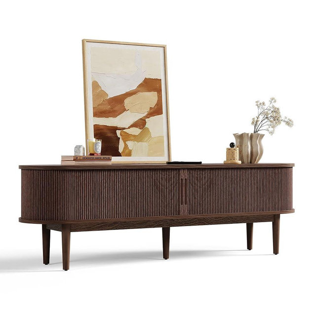 LINSY HOME Fluted TV Stand for 75" TV, Mid-Century Modern 70" Entertainment Center with Sliding Tambour Door and Storage Cabinet, Cruved TV Media Console Table for Living Room, Bedroom, Walnut