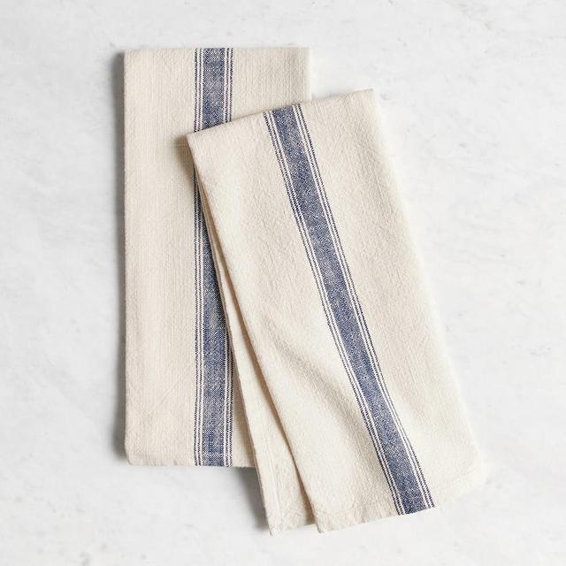 French Striped Organic Cotton Grain Sack Tea Towels, Set of 2 - Blue/Flax