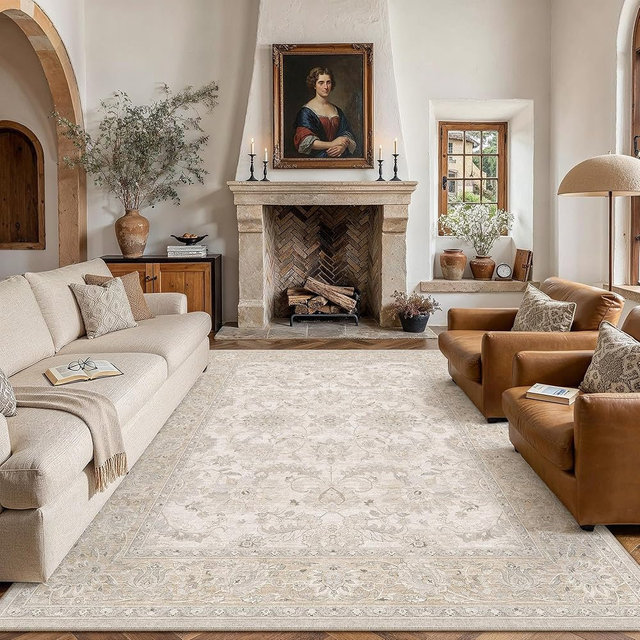 HUGEAR 8x10 Area Rug Beige Vintage Machine Washable Rug Room Decor Distressed Living Room Rugs Low Pile Non Slip Soft Carpet for Bedroom Dining Room Office Soft Lightweight