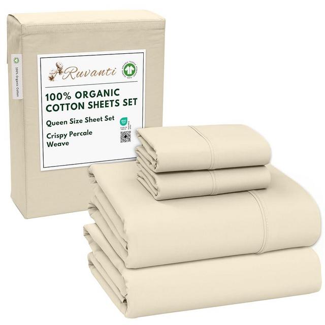 RUVANTI 100% Organic Cotton Sheets Queen Size, Percale Weave, GOTS Certified, 4-Piece Set, Deep Pocket 15", Crisp & Breathable, Soft Durable Bedding, Sábanas Algodón Orgánico – Cloud Cream