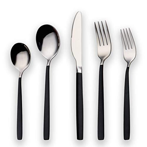 Berglander 20 Piece Titanium Black Plated Stainless Steel Flatware Set,Black Handle With Silver Mouth Flatware Set, Black With Silver Cutlery Set Service for 4 (Shiny Black, Shiny Silver)