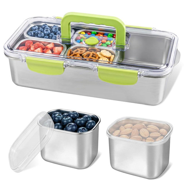 weiwei 6 Compartments Snackle Box Container, Reusable Divided Serving Tray with Lid and Handle, Portable Snack Box Container Snacklebox for Snacks Fruit Candy Picnic Beach Camping, 304 Stainless Steel