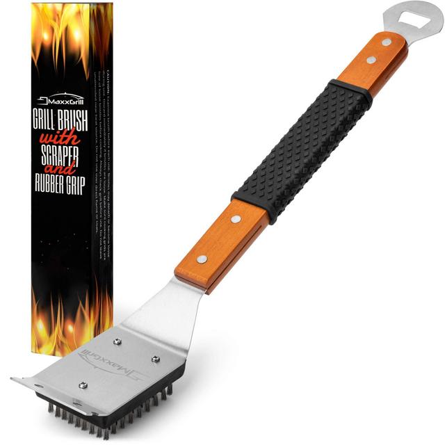 MaxxGrill Grill Brush And Scraper - BBQ Cleaning Brush for any Grill Type - Grill Cleaner Brush for The Family - Wooden Handle - Ideal for Gas Grill and Weber - Easy Replaceable Pads - Great Gift Idea